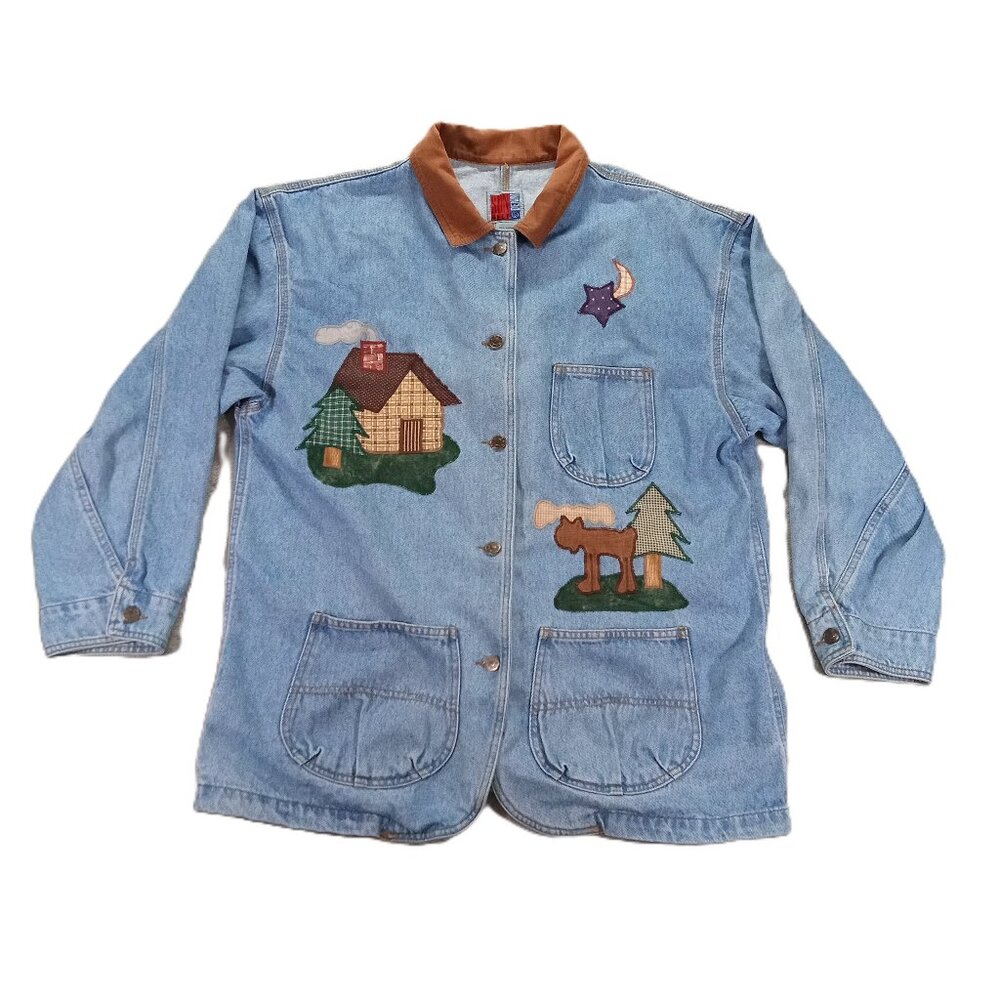 Vintage Sun Belt Denim Chore Coat Women XL Barn Jacket Embroidered Trees Cabin - Picture 1 of 15